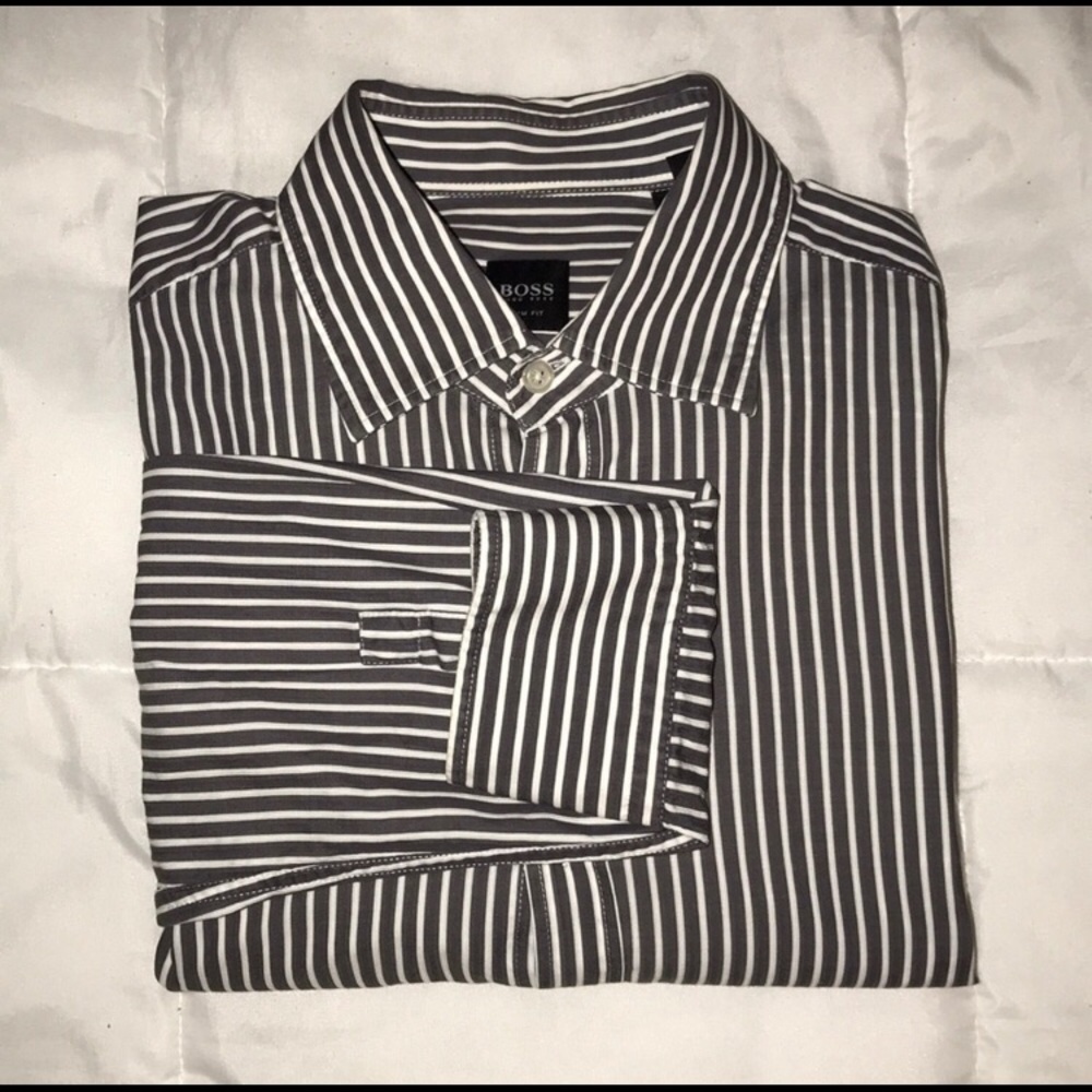 Hugo Boss gray and white striped button shirt